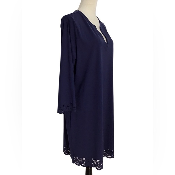 Lands End Navy Blue Laser Cut Trim Shift Dress Stretch Women’s Size Large - Picture 5 of 7